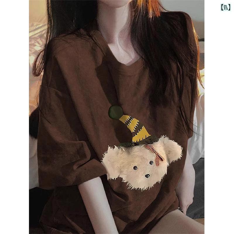 レディース トップス 厚手 コットンベア プリント 半袖 Tシャツ レディース 夏 2025 アメリカン レトロ..