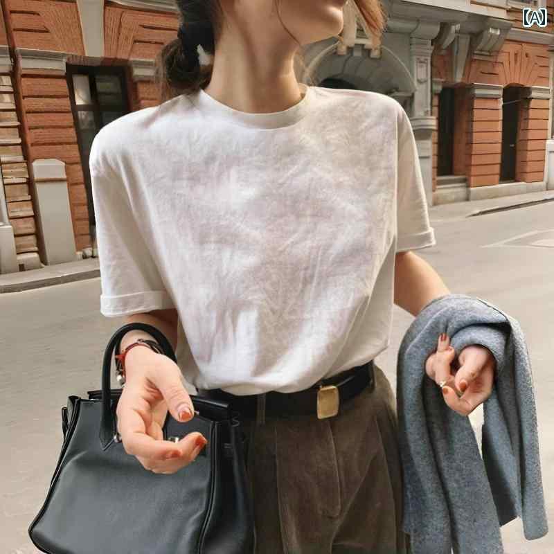 レディース トップス クリーム アプリコットの 半袖 Tシャツ 夏の 女性用 ベーシック シンプル レイヤ..