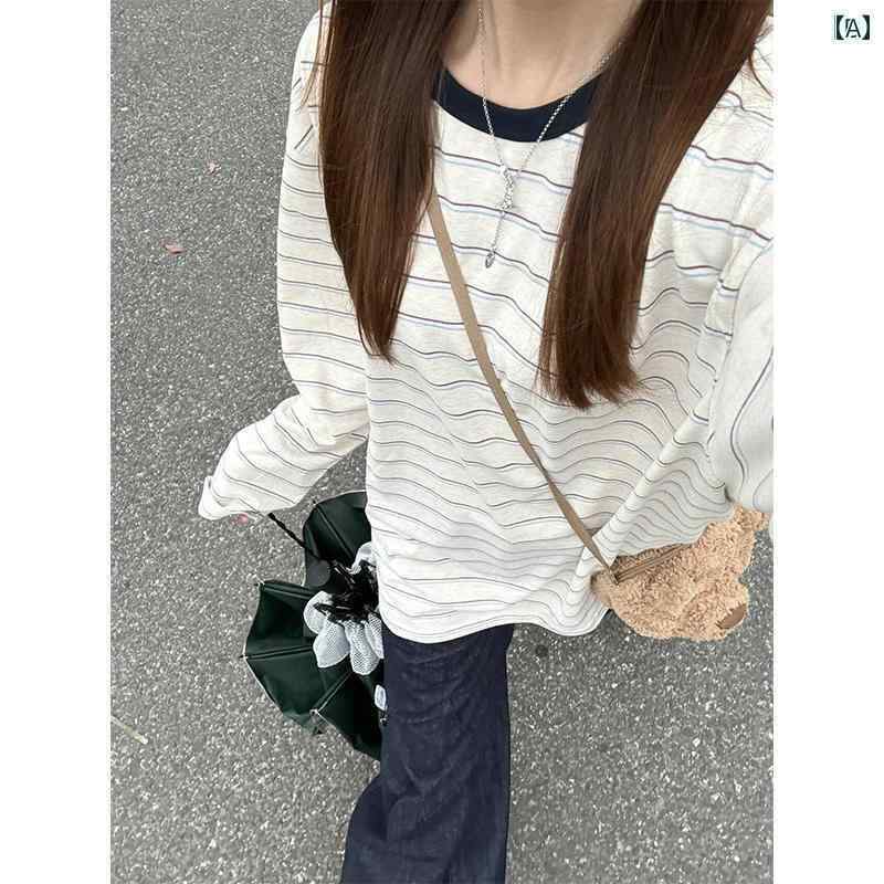 レディース トップス アメリカン レトロ ゆったり リラックス ストライプ 長袖 Tシャツ レディース 春..