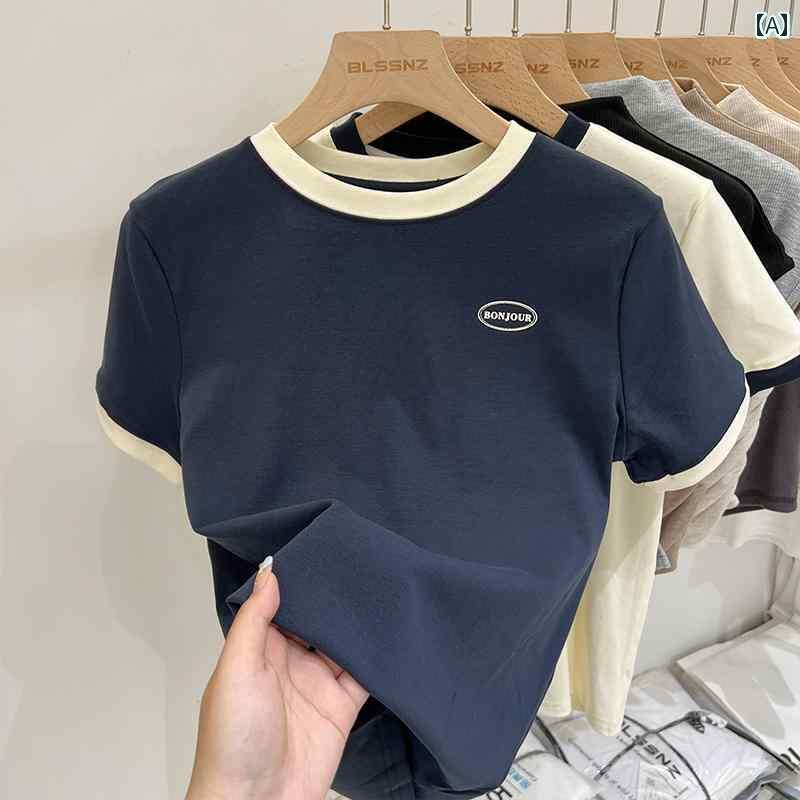 レディース トップス の 綿 ストレート ショルダー 半袖 Tシャツ レディース 夏 2025 ブルー ラウンド..