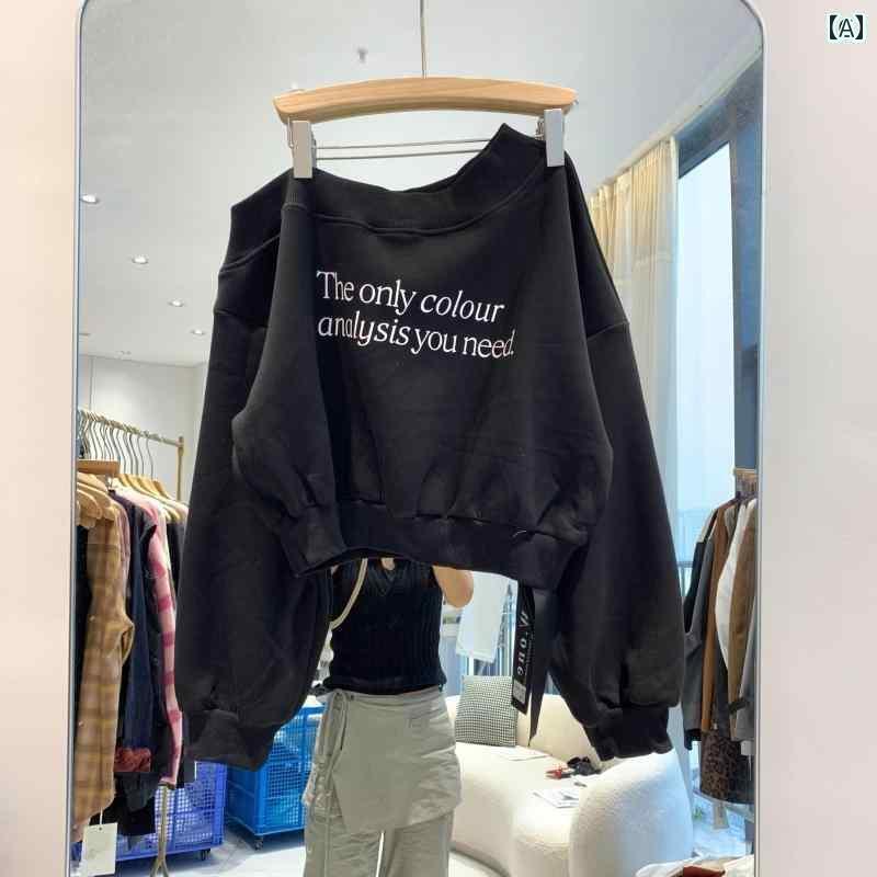 レディース トップス ランタン スリーブ 斜め 肩 セーター 韓国 2025 春秋 アメリカン レター プリント..