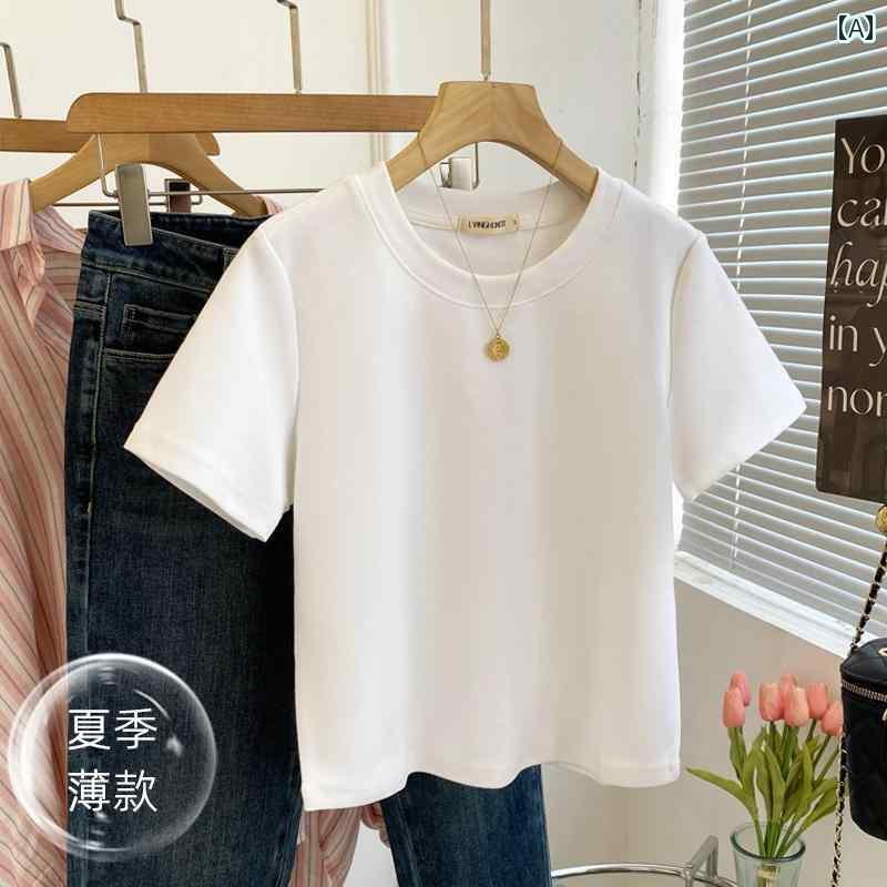 レディース トップス 韓国 無地 ショート サンド Tシャツ レディース 2024 秋冬 厚手 ゆったり ピンク ..