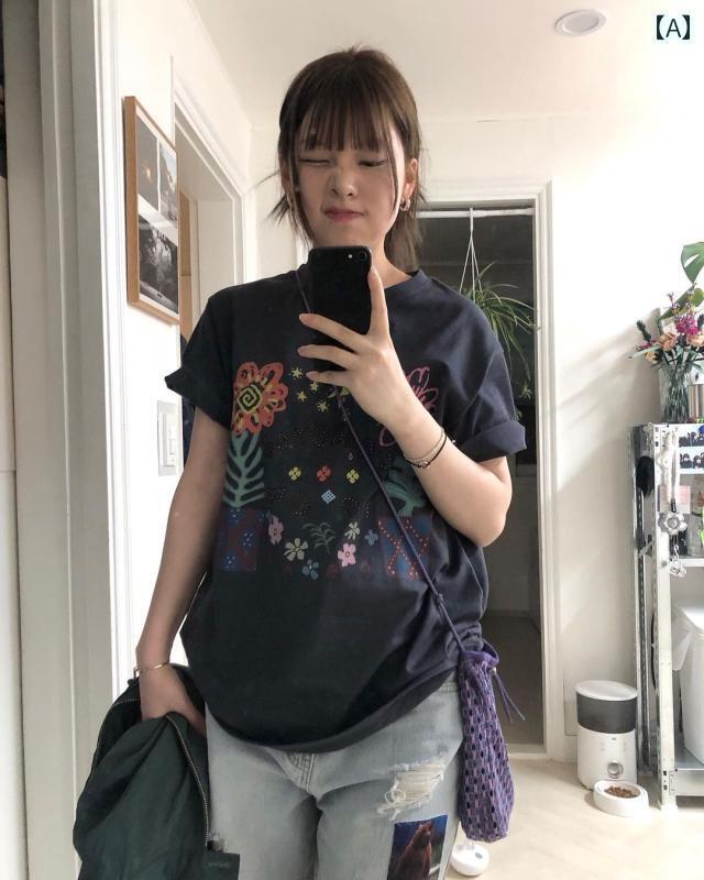 レディース トップス 桜 魔 導 手 描き 落書き プリント 半袖 コットン Tシャツ ゆったり カジュアル ..