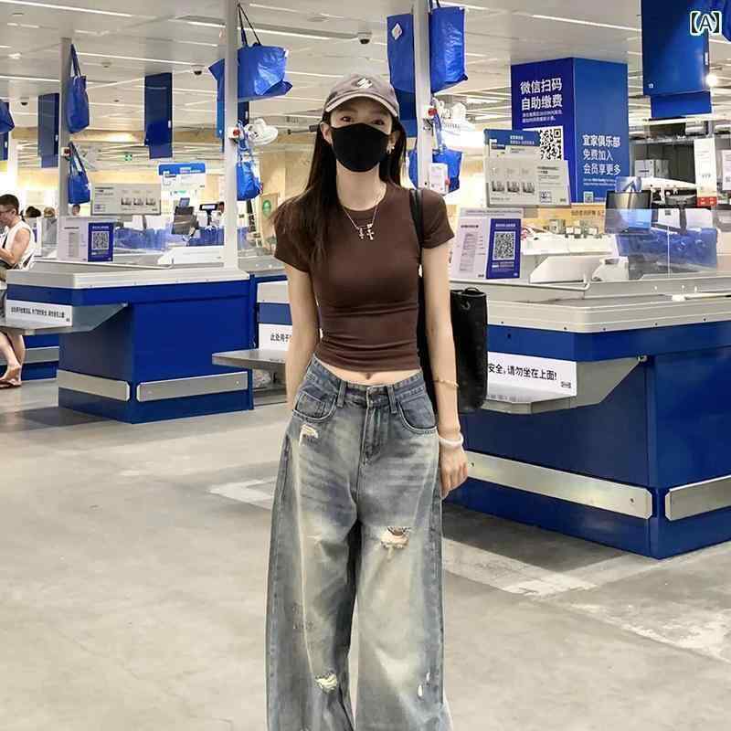 レディース トップス 欧米の ストレート ショルダー ラウンドネック 綿 半袖 Tシャツ レディース 夏 ホ..