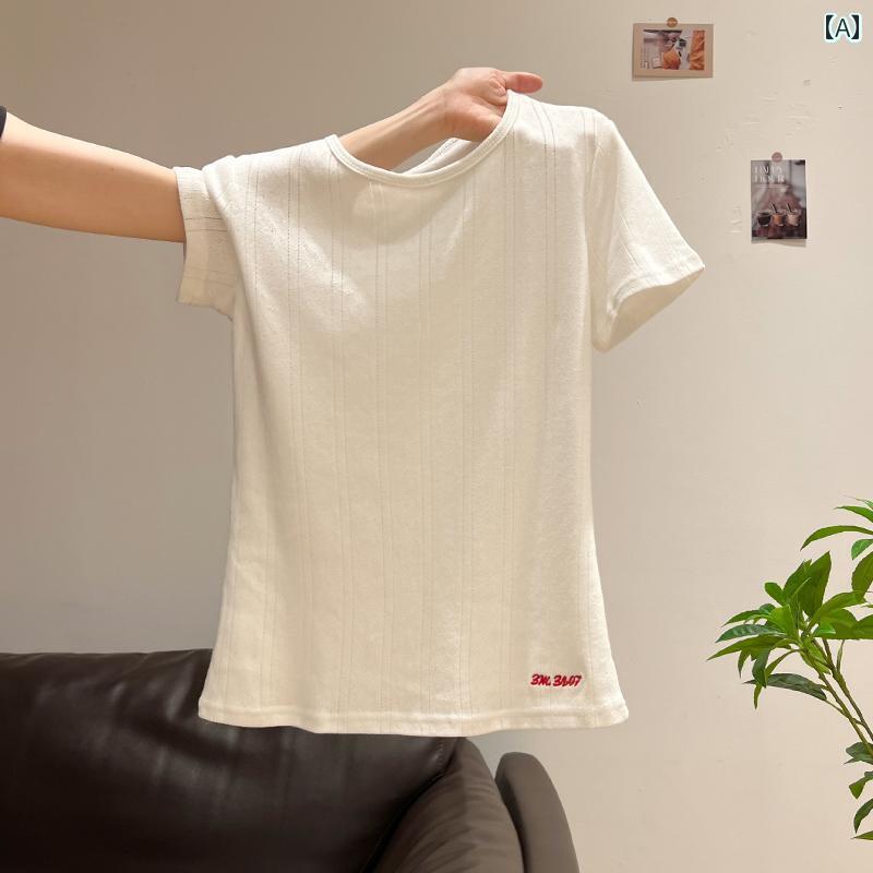 レディース トップス 夏の 韓国 テクスチャー ホワイト ラウンドネック 半袖 トップス レディース新 文..