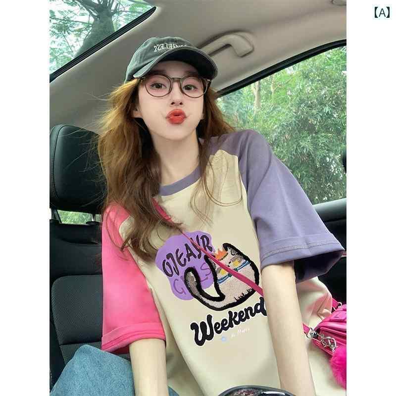 レディース トップス アメリカン プリント 半袖 Tシャツ レディース 2025夏 オーバー サイズ コントラ..