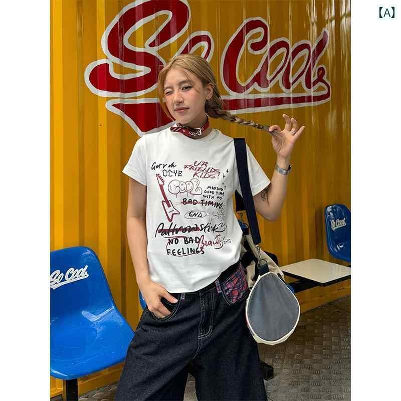 レディース トップス チュアン イエ アメリカン レトロ グラフィティ 手 描き プリント ストレート シ..