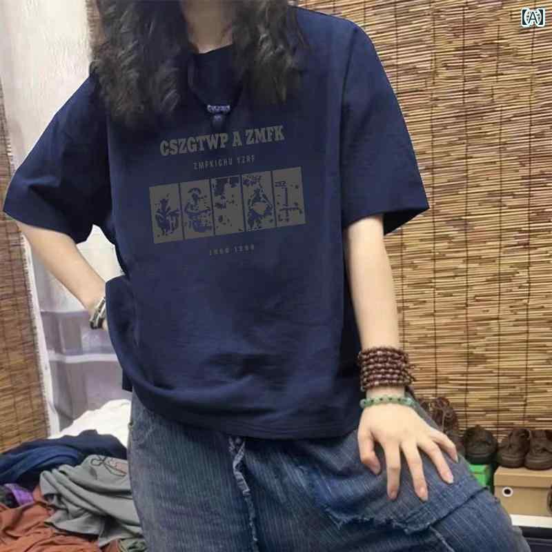 レディース トップス 大きいサイズレディース ネイビーブルー ゆったり 半袖 Tシャツ 女性 2025 夏 綿 ..