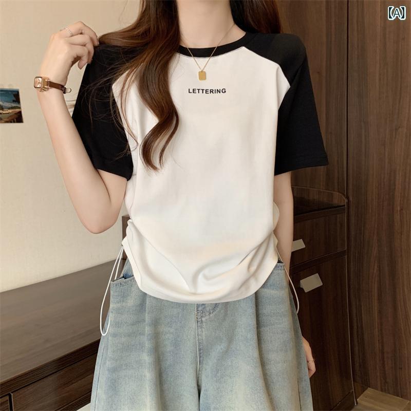 レディース トップス 大きいサイズ 右 肩 不規則な 半袖 Tシャツ レディース 夏の スリム アメリカン ..