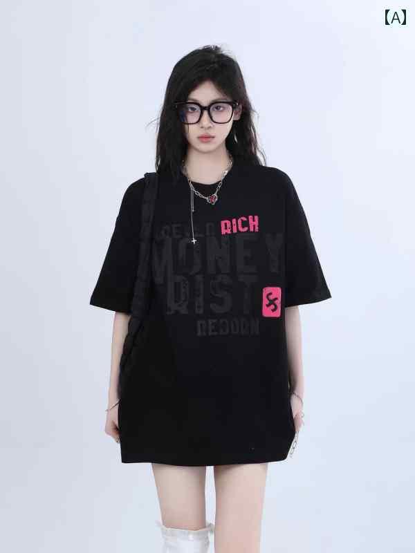 レディース トップス 李 邦 珠 アメリカン レトロ レター ブラック 半袖 Tシャツ 女性 ダーク ユニセッ..