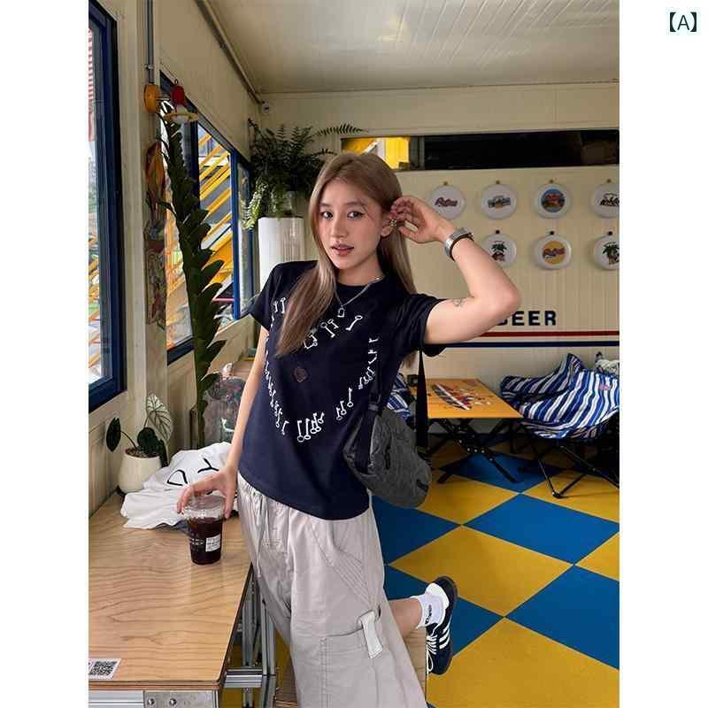 レディース トップス 川 葉 アメリカン レトロ ストレート ショルダー ショートノー へそ 半袖 Tシャツ..