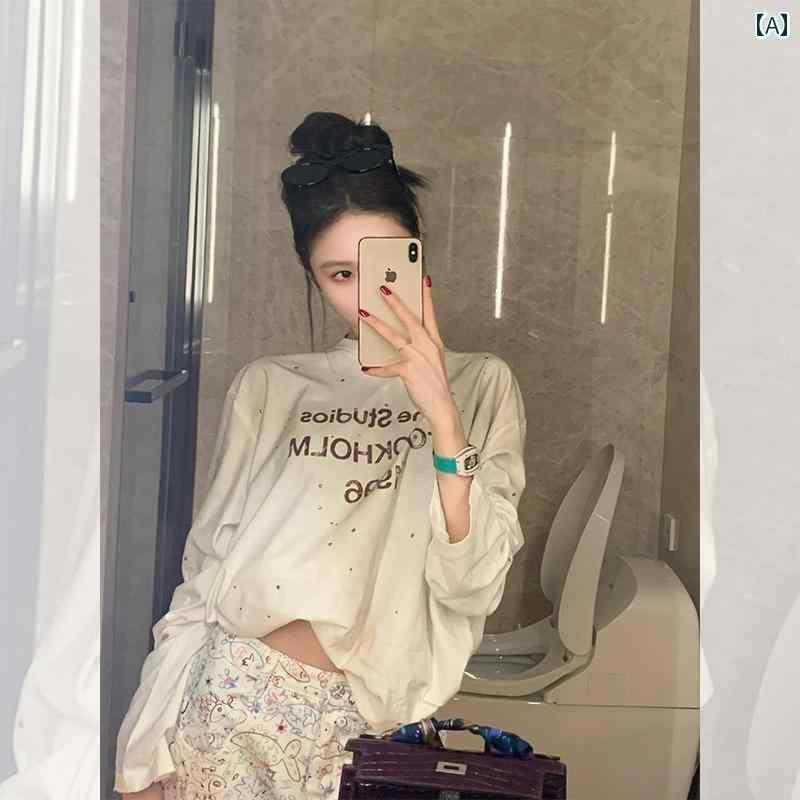 レディース トップス アメリカン レトロ レター プリント ストレート ショルダー ロングスリーブ Tシャ..