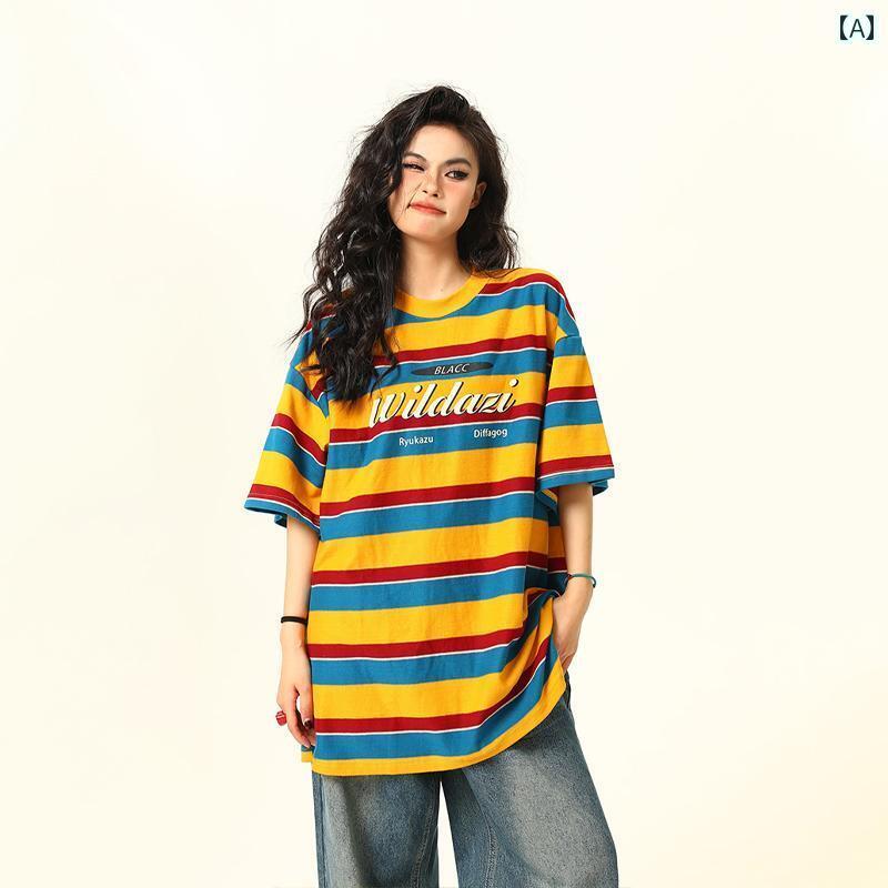 レディース トップス アジ アメリカン レトロ レインボーストライプ 半袖 Tシャツ 女性 雰囲気 夏 ゆっ..