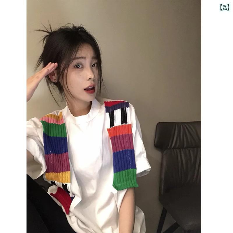 レディース トップス アメリカン レトロ レインボー セーター ショール ステッチ 半袖 Tシャツ 女性 夏..