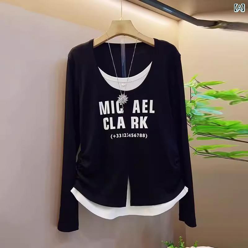 レディース トップス 300ポンドの 太った MM ラウンドネック レター ドローストリング フェイク ツーピ..