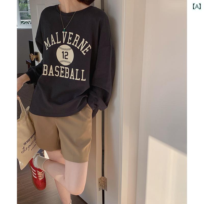 レディース トップス 春の 韓国 ラウンドネック カジュアル レター プリント 長袖 コットン Tシャツ ト..