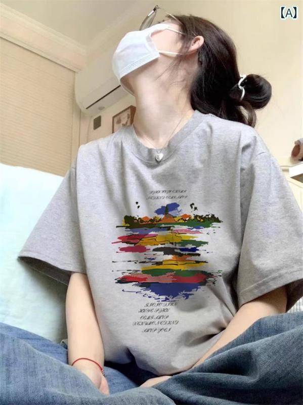 レディース トップス 女性用 半袖 Tシャツ 2025夏物 綿 ストレート ショルダー アメリカン トップス