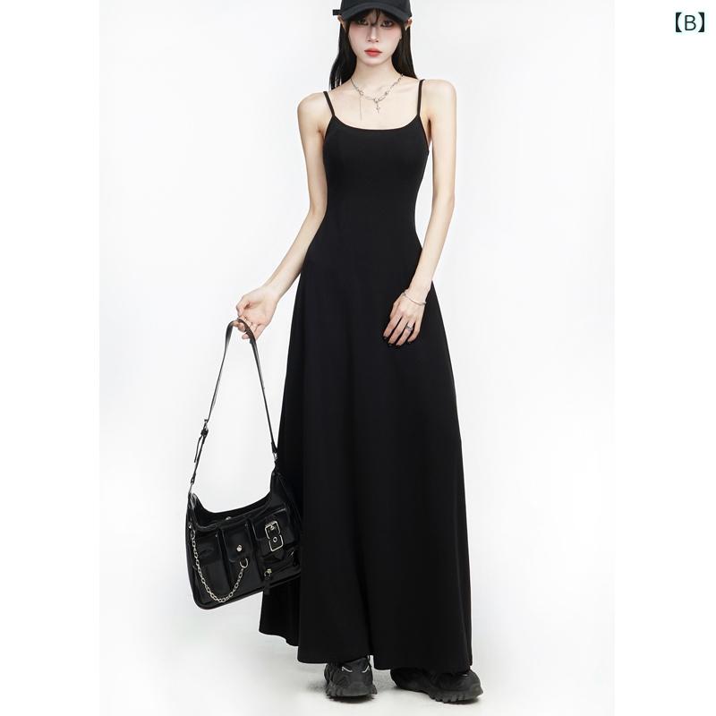 パーティードレス ロングワンピース ミモレ丈 レース シースルー 女性用 ブラック スト リング サスペンダー ドレス 2025 夏 スタイル 細 ウエスト スリミング ミディアム 丈 スカート