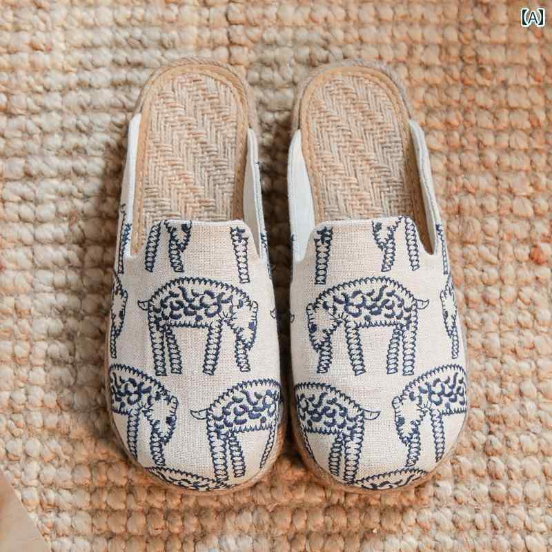 オシャレ サンダル スリッパ 夏の エスニックの 古風 リネン 包 頭 スリッパ 厚底 レトロ 織り 文学 通..