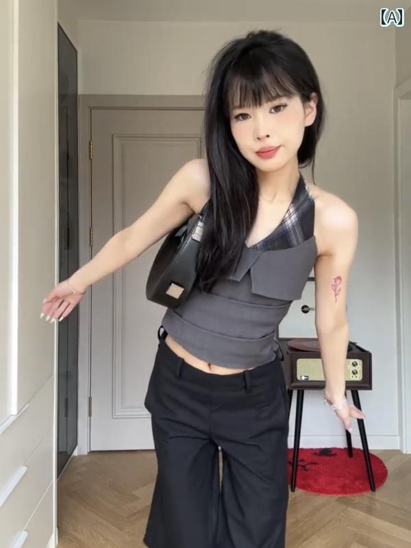 レディース トップス かわいい グレーの 不規則な チェック 柄 ホルターネックキャミソール ベスト 女性用 夏 ハイエンド 非 対称 トップ