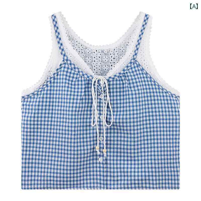 レディース トップス かわいい ブルーの チェック 柄 サスペンダー レース 美しい 小さい ベスト フッ..