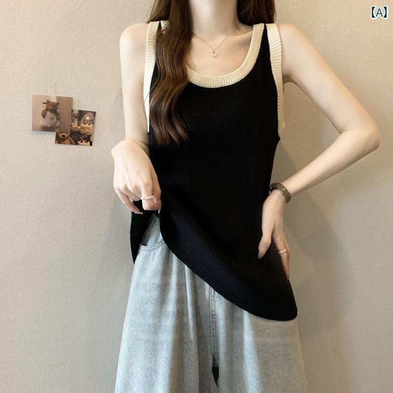 レディース トップス かわいい 夏用の レディース ミドル 丈 ストライプ 冷感 キャミソール 大きめ サイズ 太めの mm アウターウェア ゆったり お腹 周り カバー ノースリーブ ニット トップス(4.0)