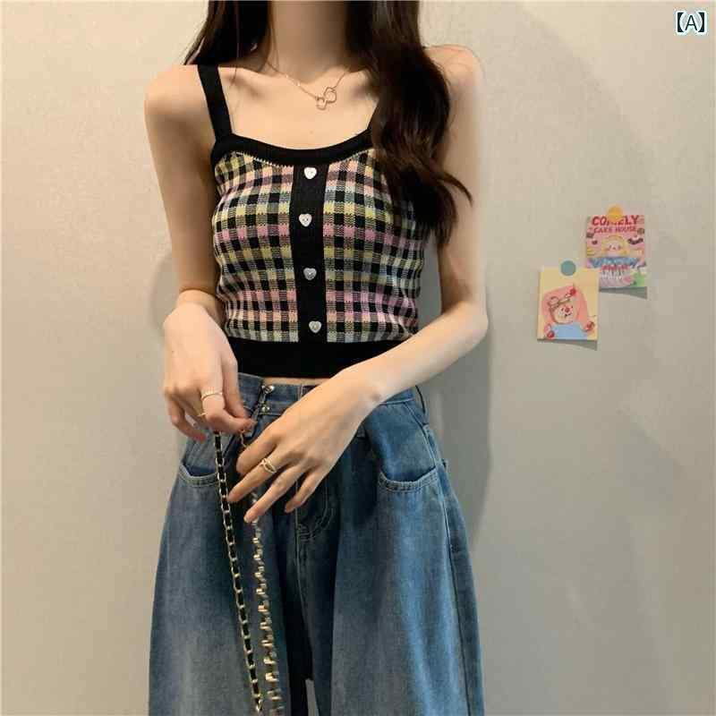 レディース トップス かわいい ドーパミン ウェア レインボー チェック 柄 美しい バック ニットキャミソール ベスト レディース 夏 アウター インナーチューブ トップ スウィート