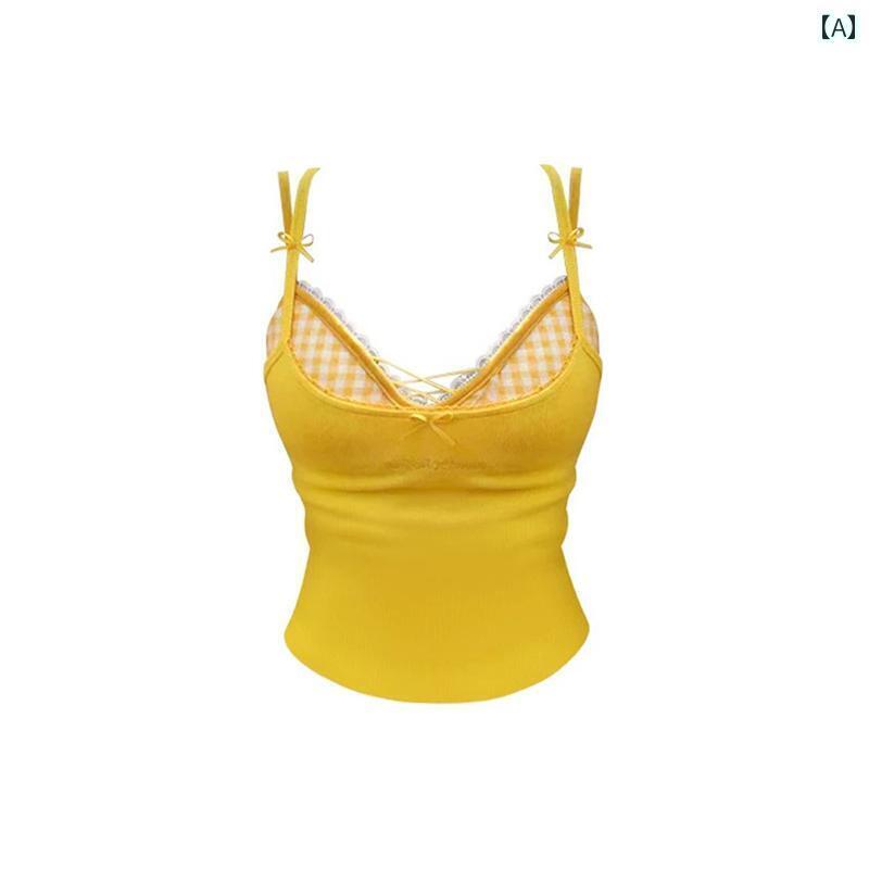 レディース トップス かわいい 夏の 女性用 レース チェック 柄 フェイク ツーピース キャミソール ア..