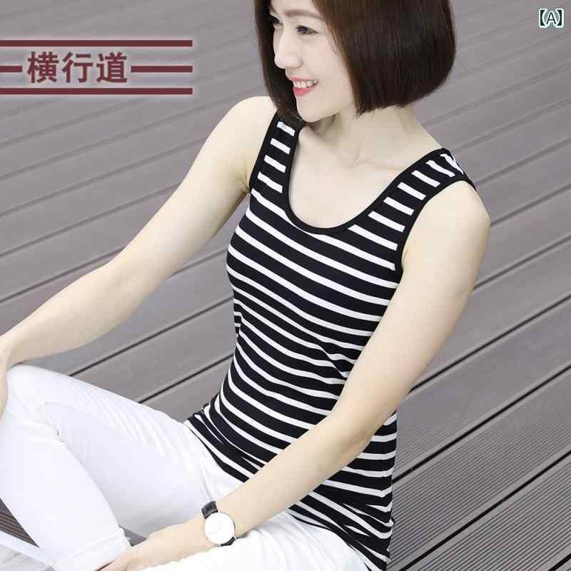 レディース トップス かわいい 2025夏 インナー トップス 黒と 白の ストライプ モダールコットン ショ..