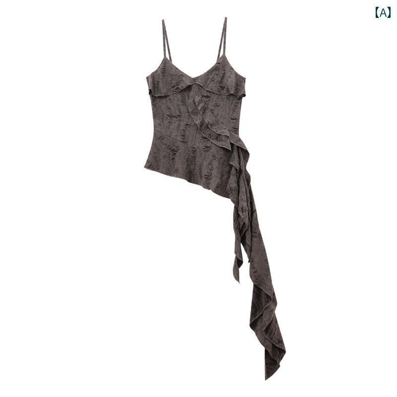 Women'S Underwear - レディース トップス かわいい レトロ ダメージ 加工の 穴あき キャミソール 女性用 2025 春 ウエスト 不規則な フリル ステッチ トップ