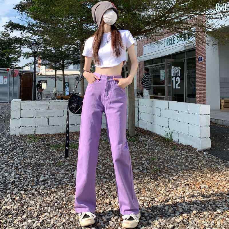 レディース デニム パンツ パープル ハイウエスト ワイド レッグ ジーンズ レディース 春 2025 スリム ..