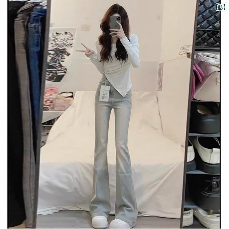 ホープのワイド パンツ オシャレ パンツ ワイド オシャレ アメリカン レトロ フレアジーンズ レディース 2025 春秋 伸縮性 スリミング小 ベルボトム パンツ｜アングル2