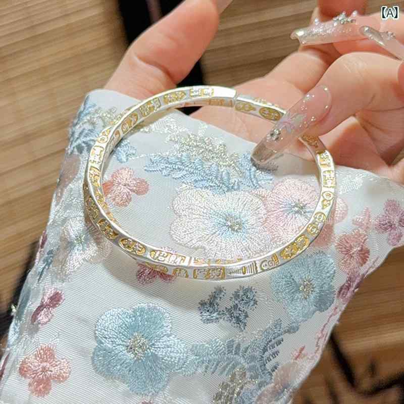オシャレ バングル ブレスレット 銀 9999 幸運の 言葉 金 塗装 シルバーブレスレット 女性用 メビウス ツイスト パターン オープン ソリッド ブレスレット 中国 スタイル