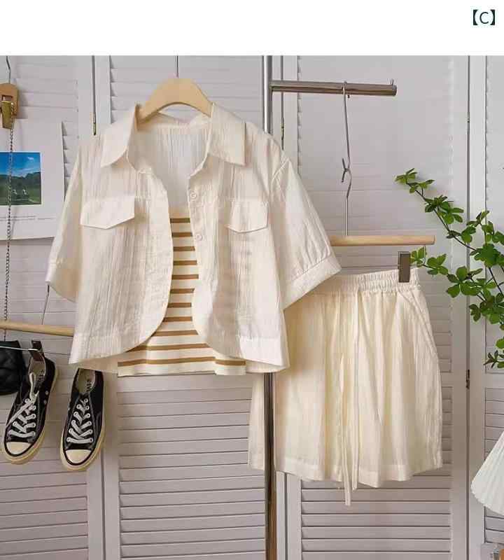 　セットアップ　レディース　高見え 2025夏の ファッション 日焼け防止 シャツ トップ ショーツ スタイリッシュな 小さい カジュアル スーツ 女性 スリーピーススーツ