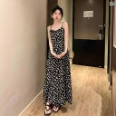 パーティードレス ロングワンピース ミモレ丈 レース シースルー フレンチ フローラル ドレス サスペンダー レディース 夏 ハイエンド レトロ プリント ロン...