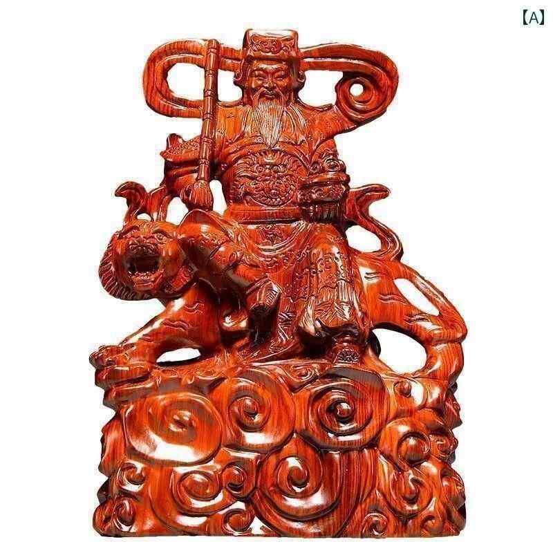 インテリア オブジェ おしゃれ 紫檀 彫刻の 虎に 乗る 富神 趙 公明 像 装飾品 ホーム ショップ 装飾 開店 祝い ギフト