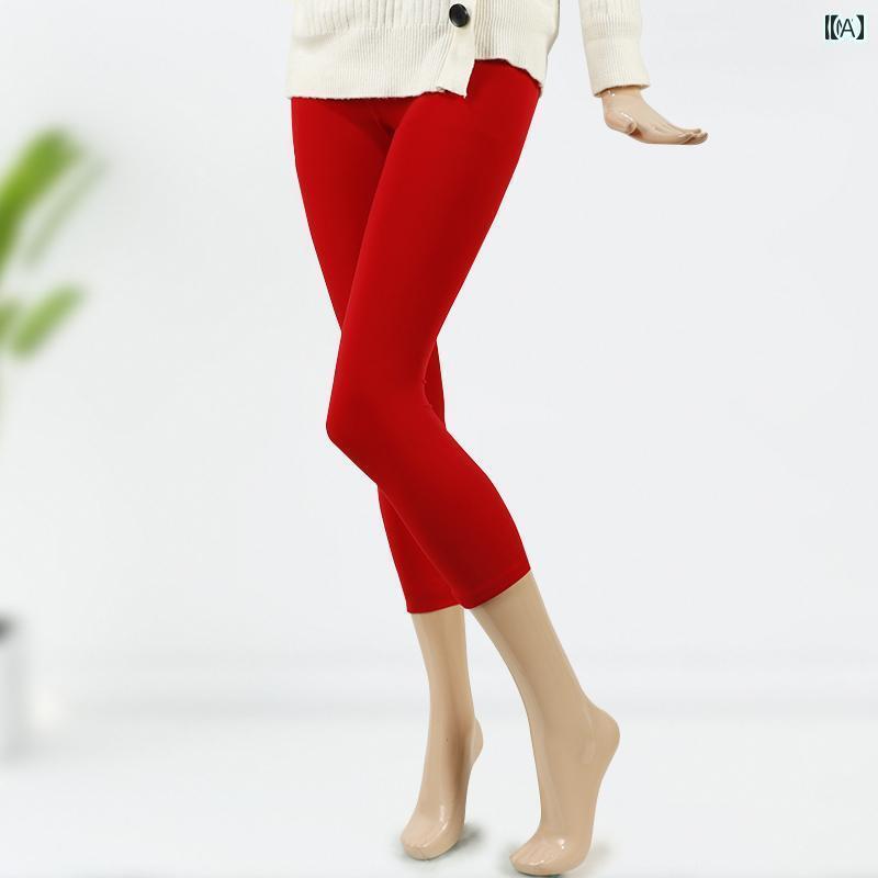 レディース パンツ レディース レディース 秋冬 暖かい 七分丈 レギンス タイト 明るい 赤の 5点 パンツ スリム 裏起毛 弾性 整形 厚手