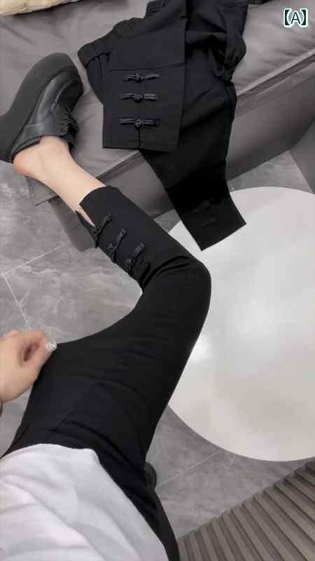 レディース オシャレ かわいい 夏 薄紙 レザーパンツ チャイナ風 ボタン 付き フレアパンツ 韓国 スリム ハイウエスト 伸縮性 バックスリット レディースパンツ