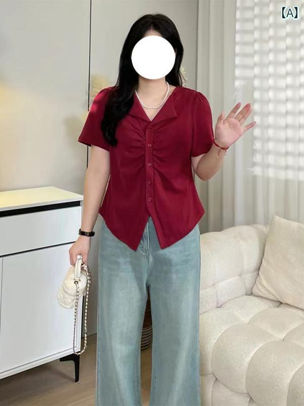 レディース オシャレ かわいい センス Vネック プリーツ 半袖 Tシャツ MM 大きめ サイズ 女性 夏 ファッション シングルブレスト スリム 甘辛 トップス(4)