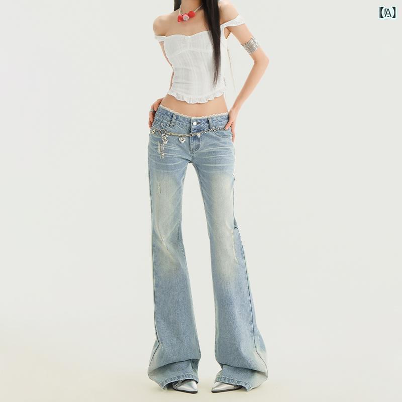 レディース パンツ オシャレ ライト カラーの レース フレアジーンズ レディース 2025年 レトロ ローウ..