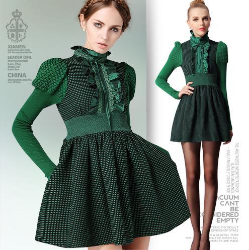 レディース ワンピース 小さい 秋冬 長袖 ニット スカート セーター ドレス スタンドカラー 精巧 レトロ ボトム ウエスト ウール