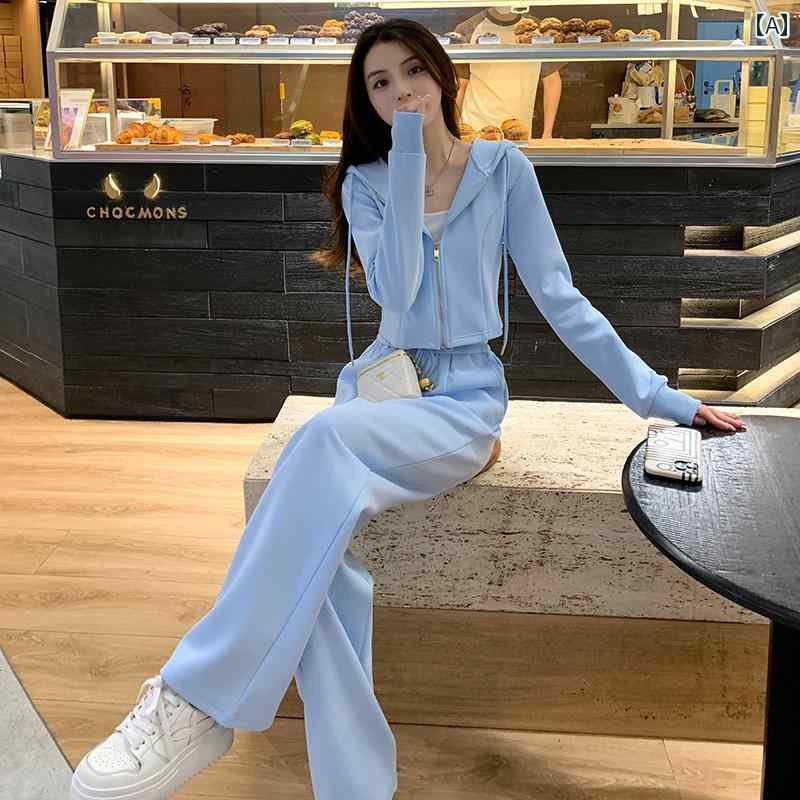 　セットアップ　ジャージ　スウェット　韓国 女性用 ブルー カジュアル スポーツ スーツ 春秋 スタイ..