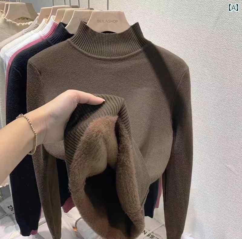 レディース トップス ハイネック 女性用 ベルベット レイヤリング セーター 厚手 オール イン ワン 冬 暖かい トップ ニットインナー ハーフ タートルネック プルオーバー 付き