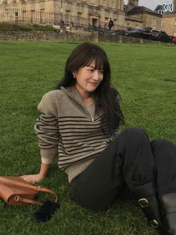 レディース トップス ハイネック フランスの レトロ ハーフ ジッパー ストライプセーター 女性用 秋冬 ..