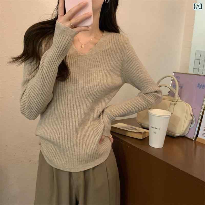 レディース トップス かわいい フレンチ Vネックの シンプル スリムフィットの レイヤリング トップス..