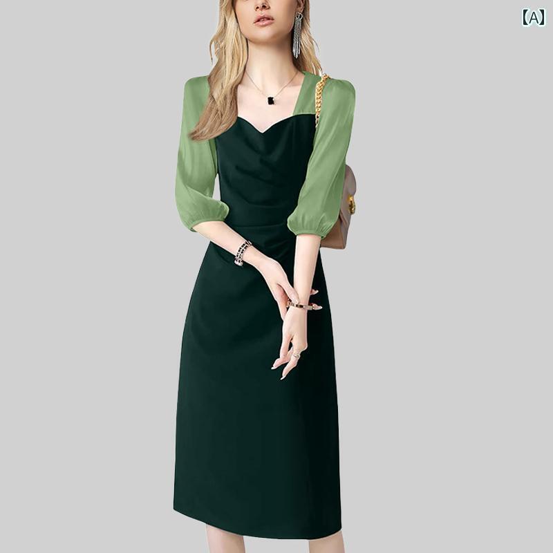 フレンチスクエア ネックの レディース ドレス 2025 春 スタイル ウエスト スリムフィット 小さめ サイ..