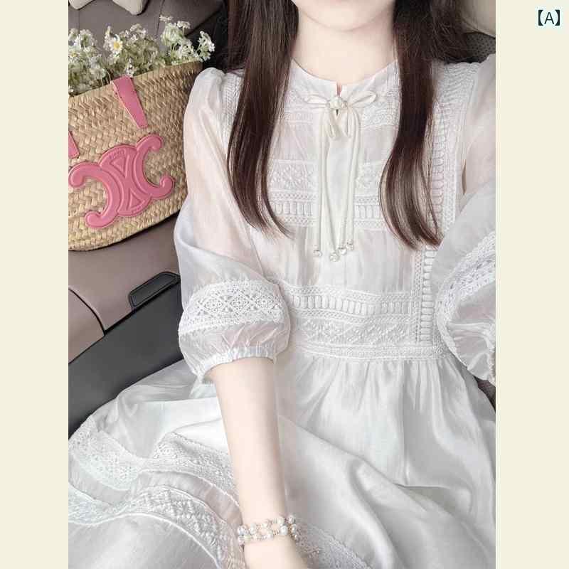 夏の レディース チャイナ風 パフスリーブドレス 高度な 美しく エレガントな 白い ドレス