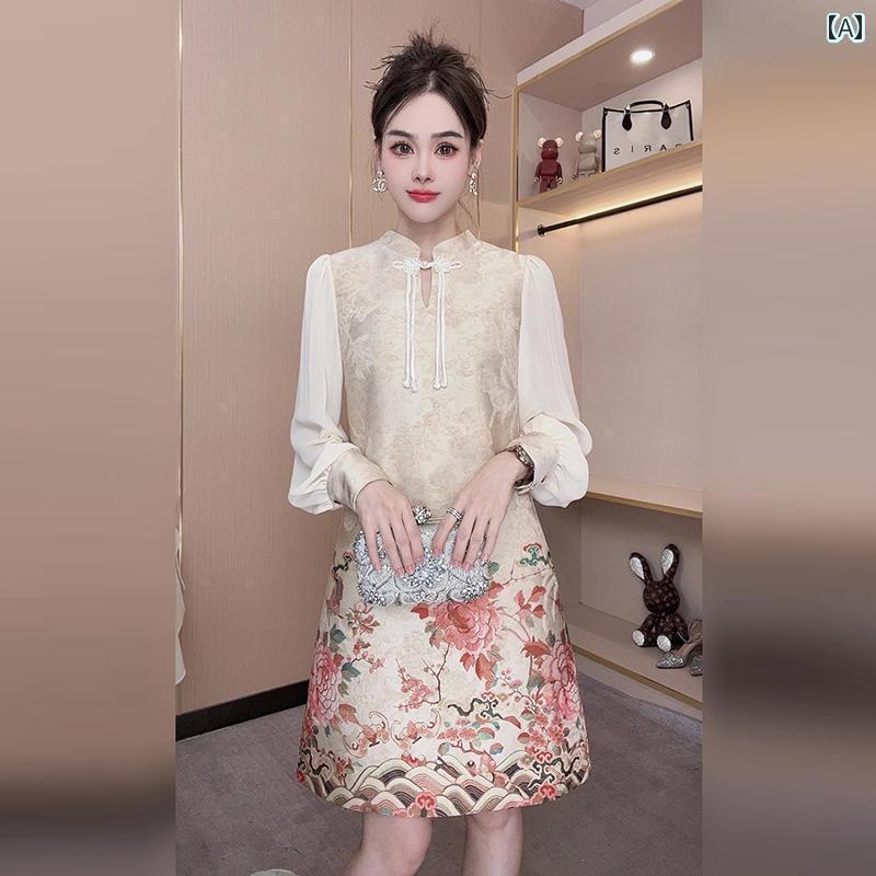 レディース ワンピース 2024 春の レディース ハイエンド 小 香 風 新型 チャイナ風 刺繍 レトロ スタンドカラー パフスリーブワンピース