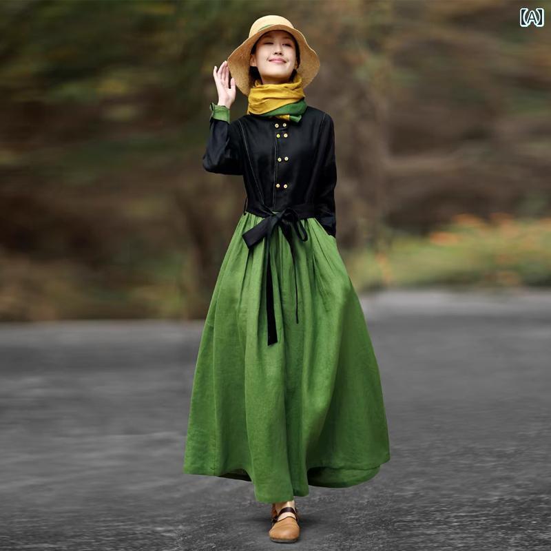 レディース ワンピース レトロ コットンリネン ミドル 丈 ドレス 2025 春夏 アート 大きめ サイズレデ..