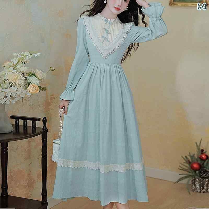 レディース ワンピース フレンチ ドレス 秋冬 レトロ ウエスト スイート アプリコット ブルー コントラ..